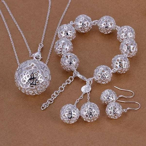 wedding Women jewelry exquisite hollow ball pendant necklace bracelets Earrings set fashion silver color jewelry Set S110