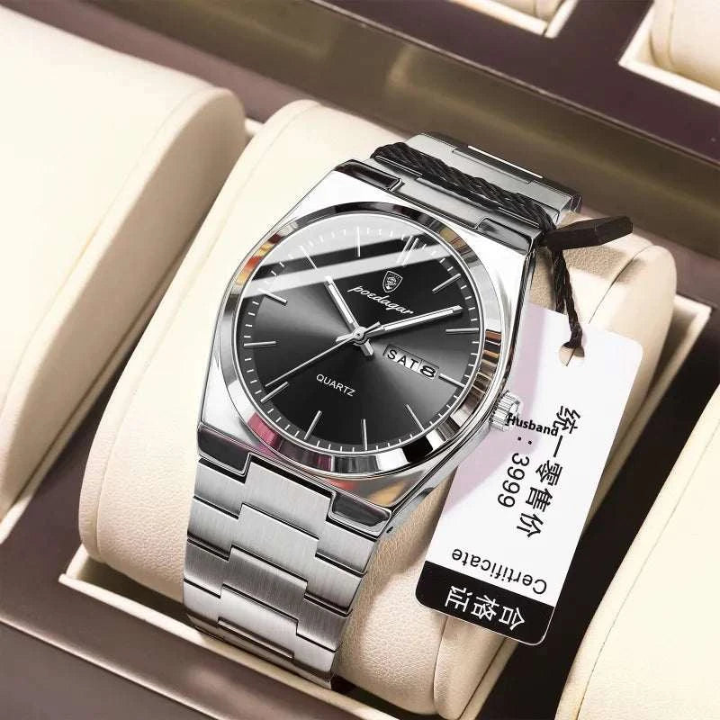 Ultra-thin Men's Watch Waterproof Luminous Quartz Watch displayed on a cushion, showcasing its sleek design and quartz features.