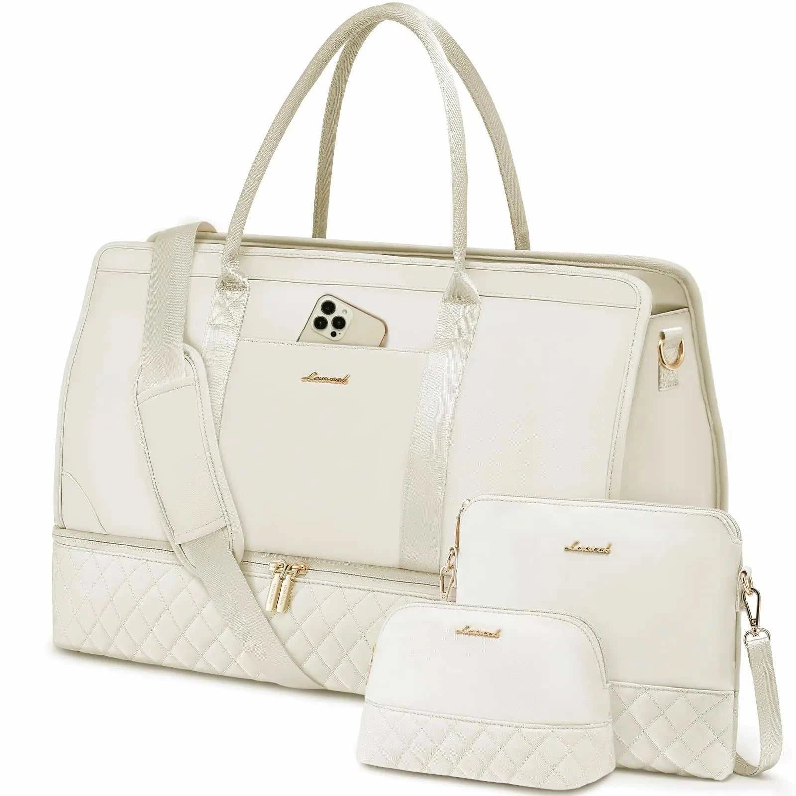 LOVEVOOK Weekender bags for women white travel tote with crossbody and toiletry bags, shoe compartment, and multiple pockets for organized packing.