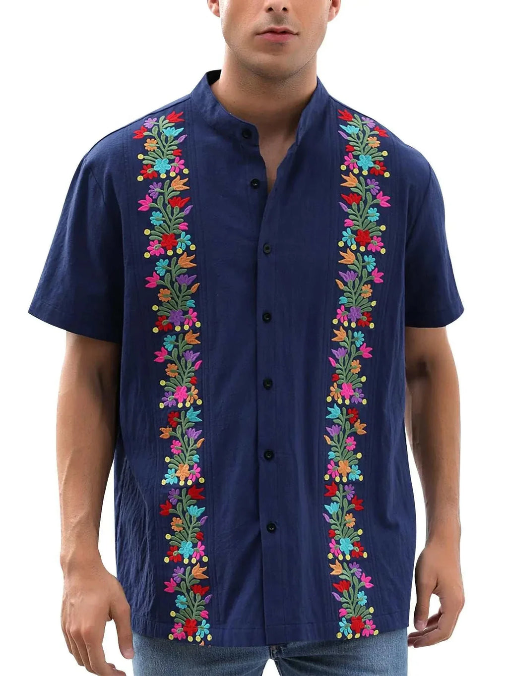 Mens Mexican shirt navy blue with colorful floral embroidery and short sleeves