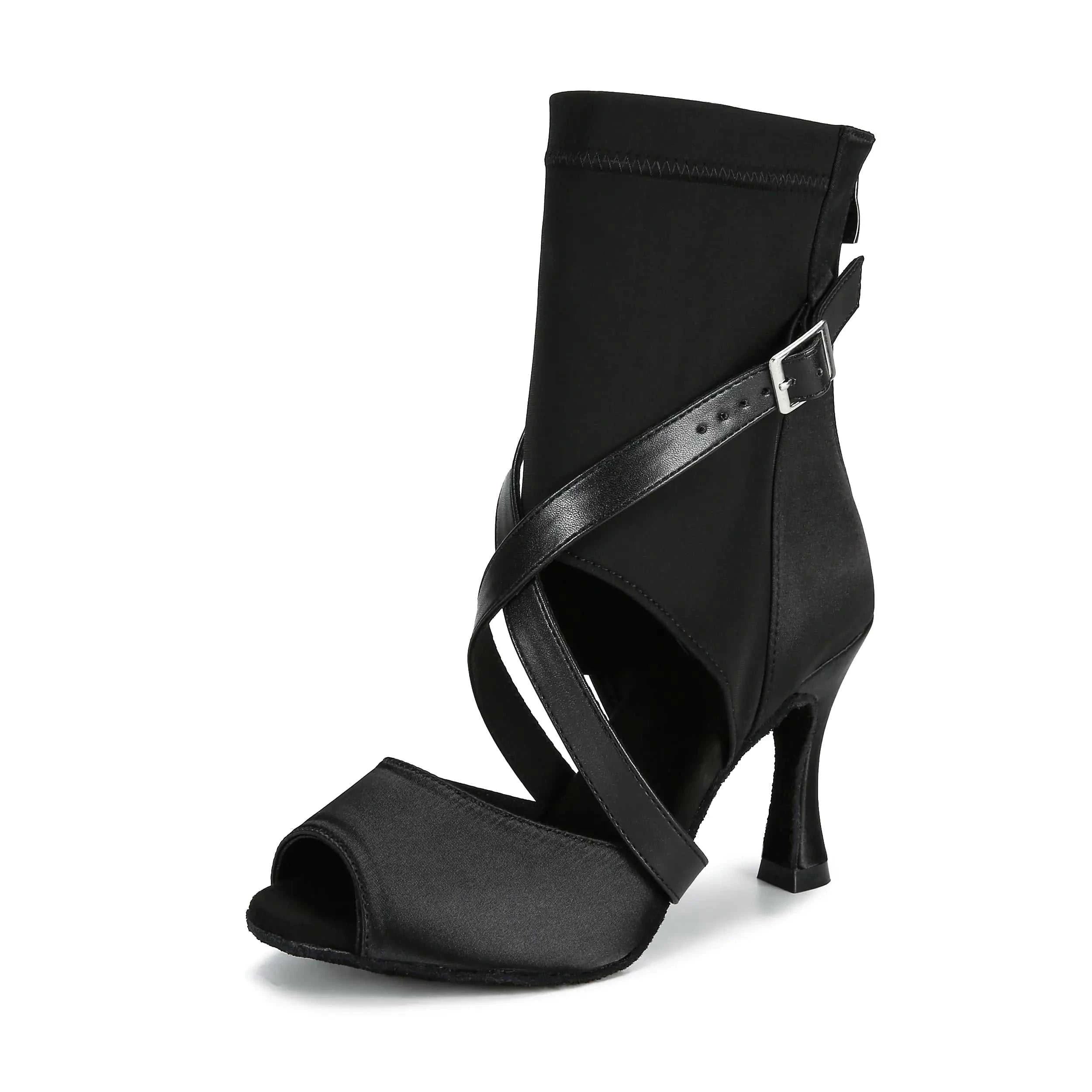 Women's black ballroom dance shoes with 3.5 inch heel and elastic fabric design