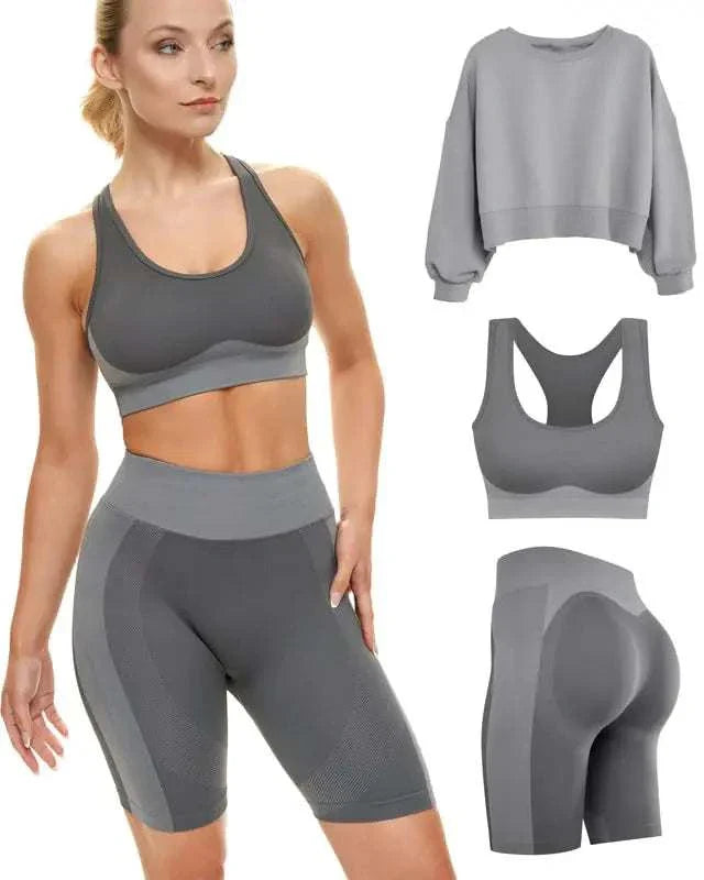 matching gym set for women with high impact sports bra and high waist biker shorts in grey