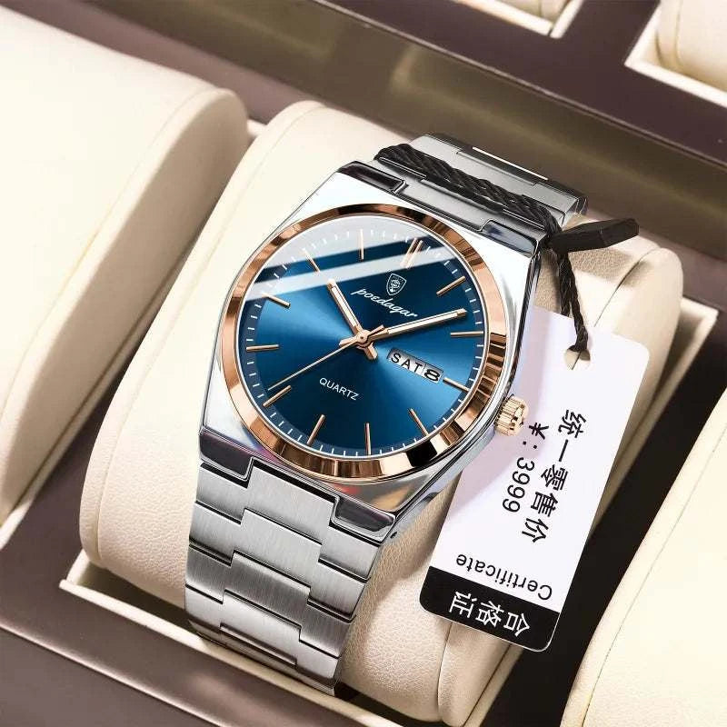 Ultra-thin Men's Watch Waterproof Luminous Quartz Watch displayed on a velvet cushion with a blue dial and silver strap.
