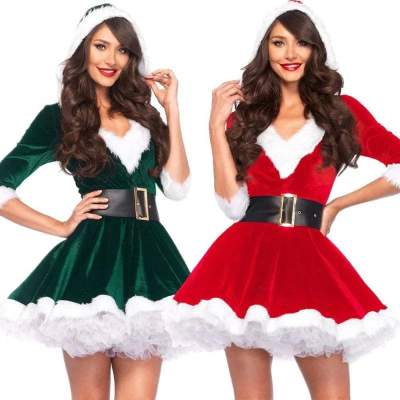Adult female Christmas velvet dresses in green and red with white fur trim and black belts, styled for party or performance.