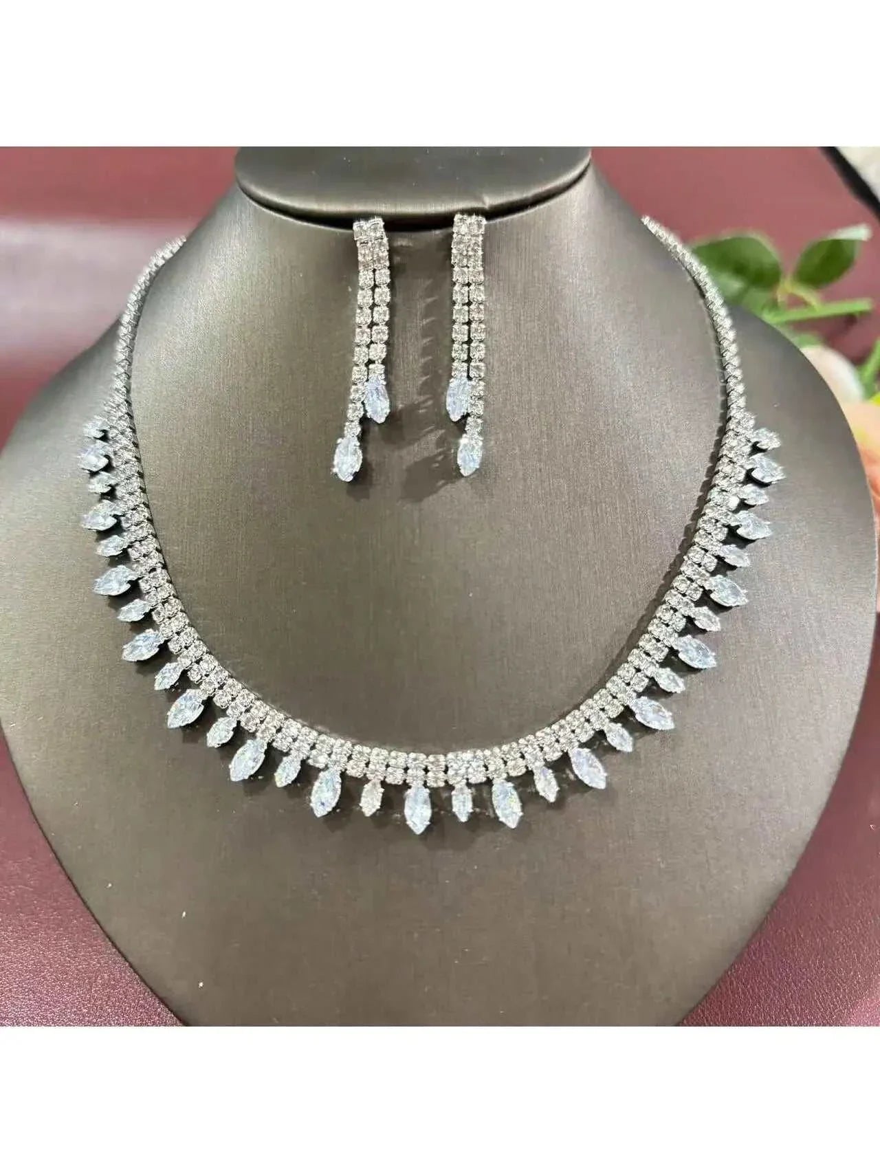 Luxury diamond necklace and earrings set for women, silver plated and elegant, perfect for evening parties