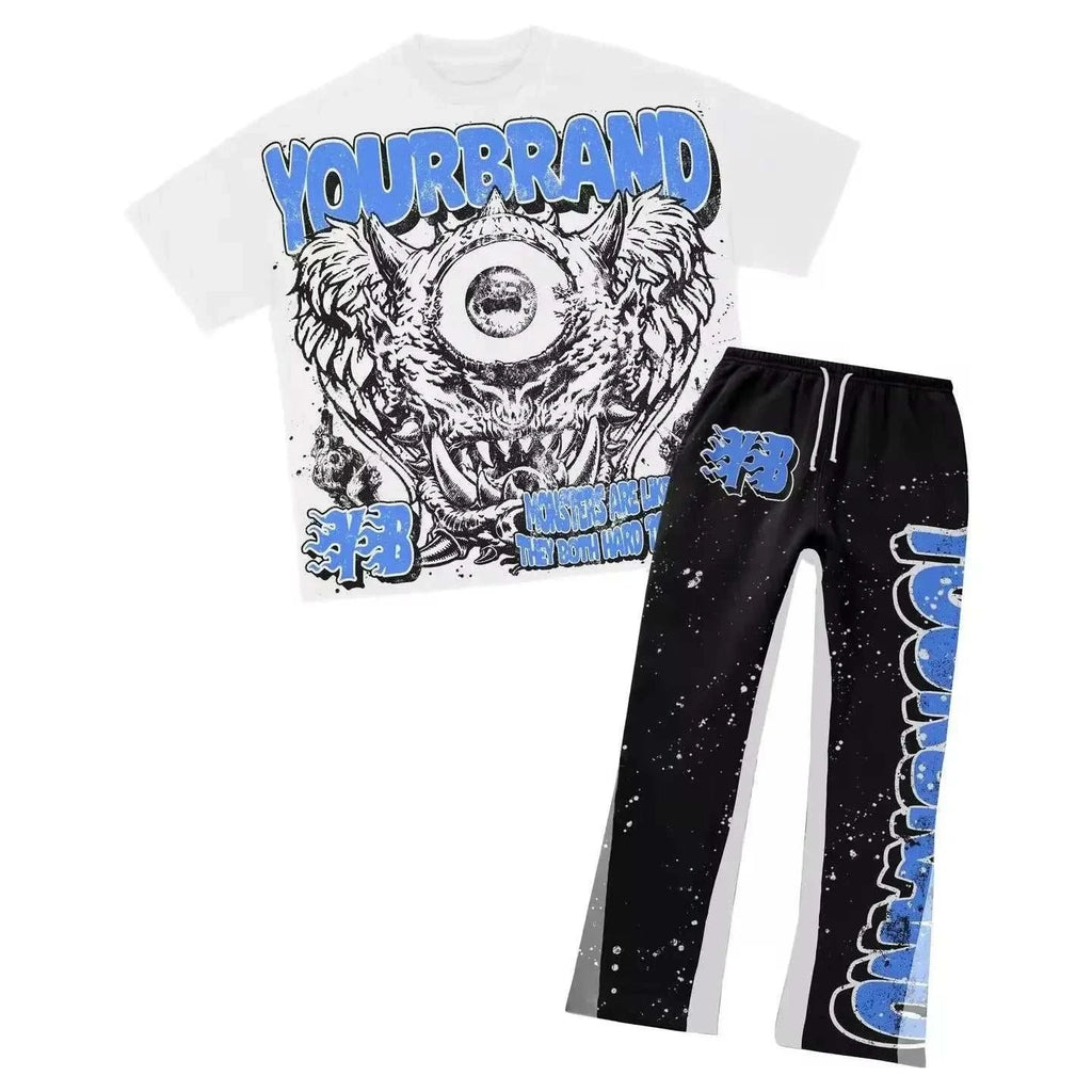 Men's summer clothes set with white graphic print T-shirt and black drawstring pants in American street graffiti style