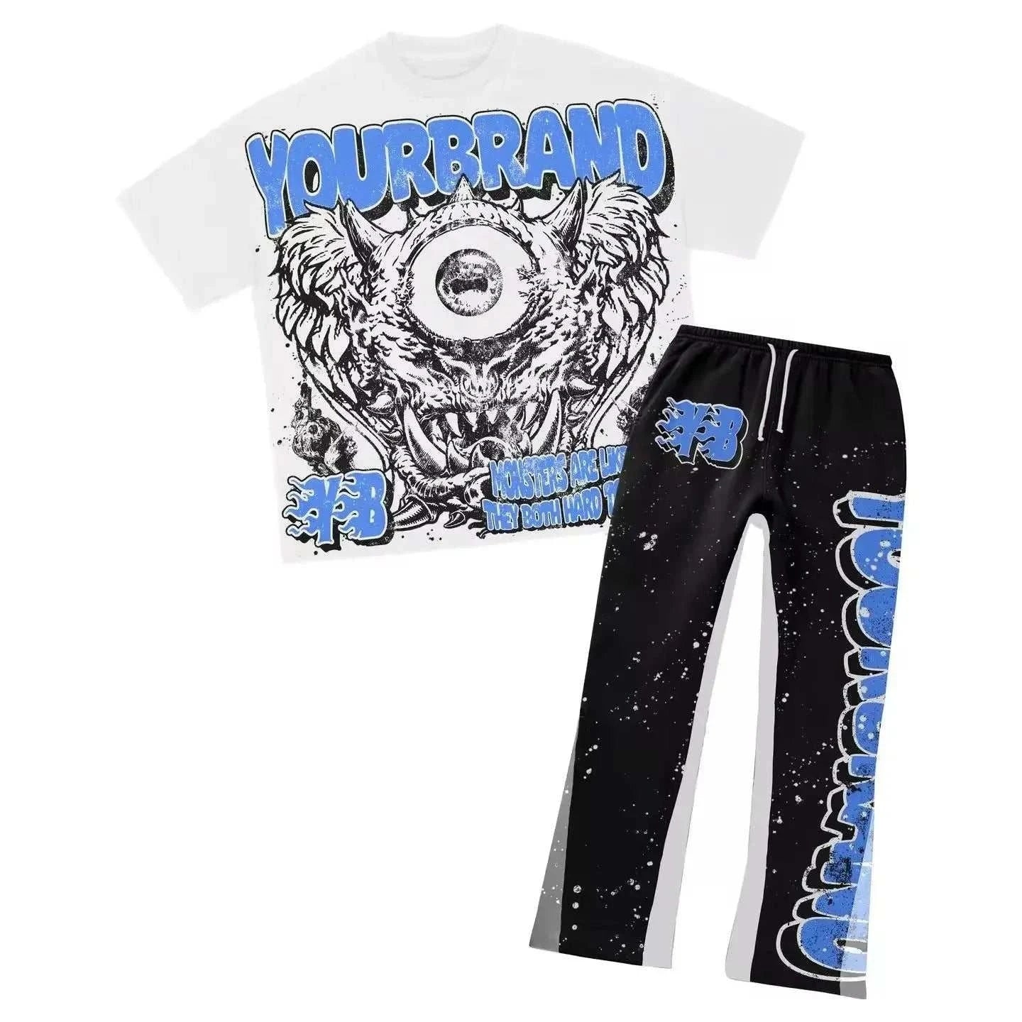 Men's summer clothes set with white graphic print T-shirt and black drawstring pants in American street graffiti style
