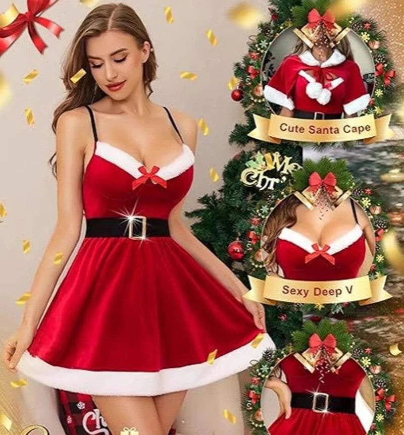 Santa Claus Costume Christmas Outfits for Women Red Sexy Christmas Dress with Cape 2Pcs Velvet Santa Costume Xmas Babydoll Furry
