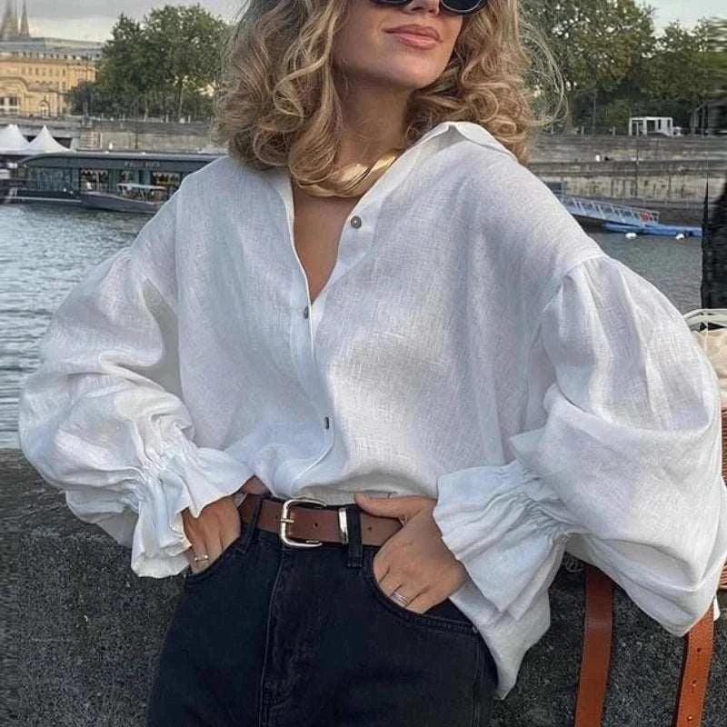 Women's Clothing 2025 Summer New Style Loose Oversized Lapel Lantern Sleeve Long Sleeved Shirt Women's Top