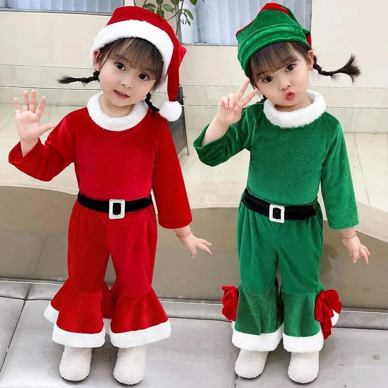 Christmas Costume Set Adorable Kawaii Girl Outfit Red Square Green New Year Attire Birthday Party Gift Suit Top Trousers and Hat