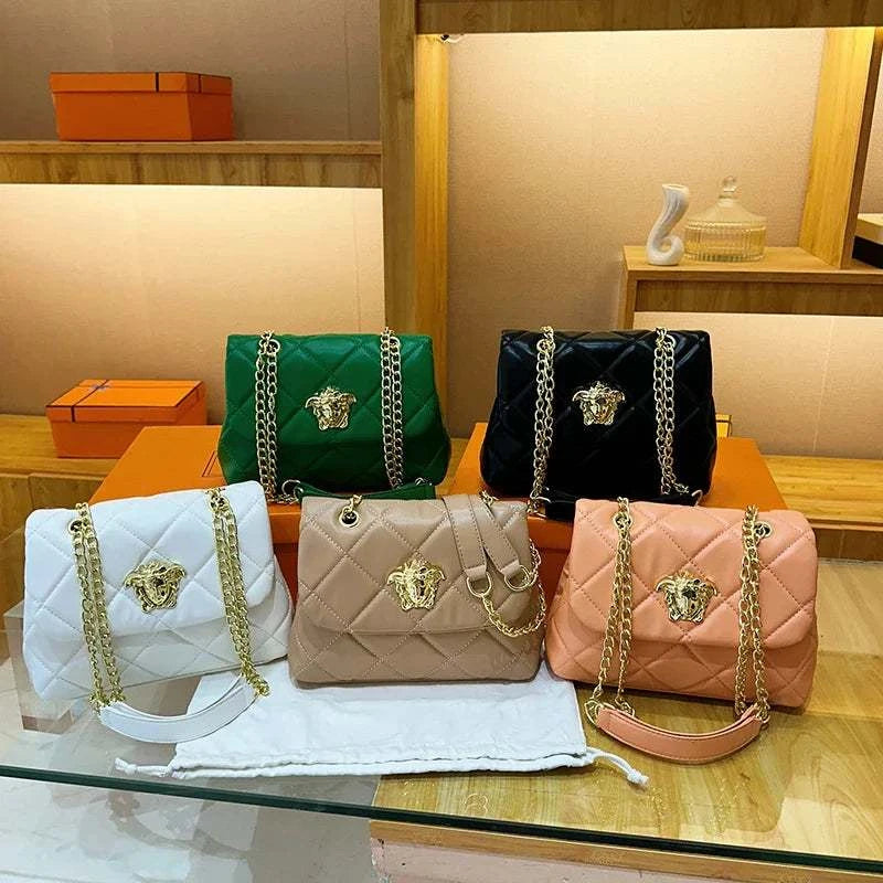 Stylish quilted shoulder bags for women with gold chain straps and Medusa emblem in multiple colors