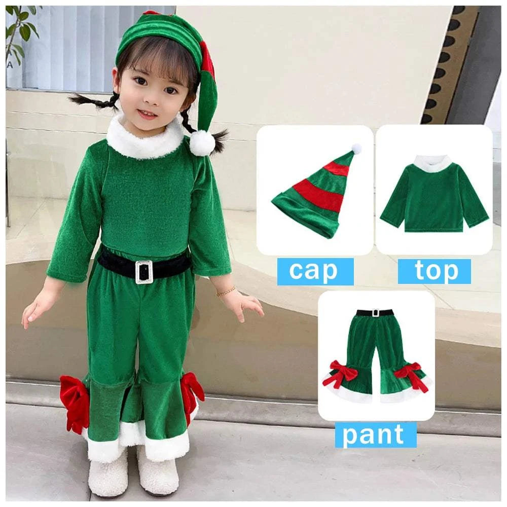 Christmas Costume Set Adorable Kawaii Girl Outfit Red Square Green New Year Attire Birthday Party Gift Suit Top Trousers and Hat
