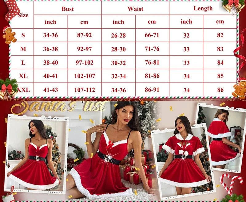 Santa Claus Costume Christmas Outfits for Women Red Sexy Christmas Dress with Cape 2Pcs Velvet Santa Costume Xmas Babydoll Furry