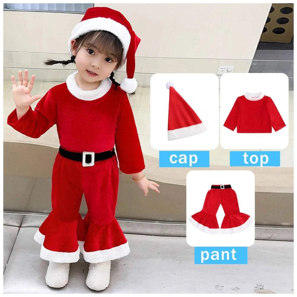 Christmas Costume Set Adorable Kawaii Girl Outfit Red Square Green New Year Attire Birthday Party Gift Suit Top Trousers and Hat