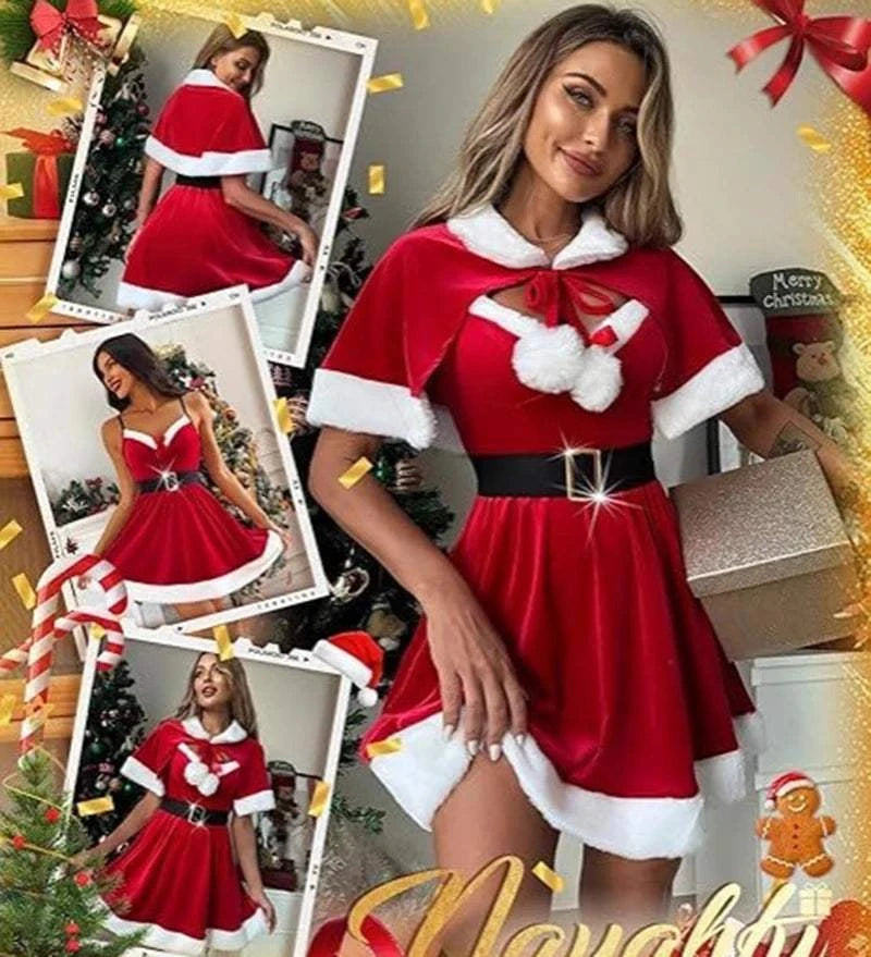 Santa Claus Costume Christmas Outfits for Women Red Sexy Christmas Dress with Cape 2Pcs Velvet Santa Costume Xmas Babydoll Furry