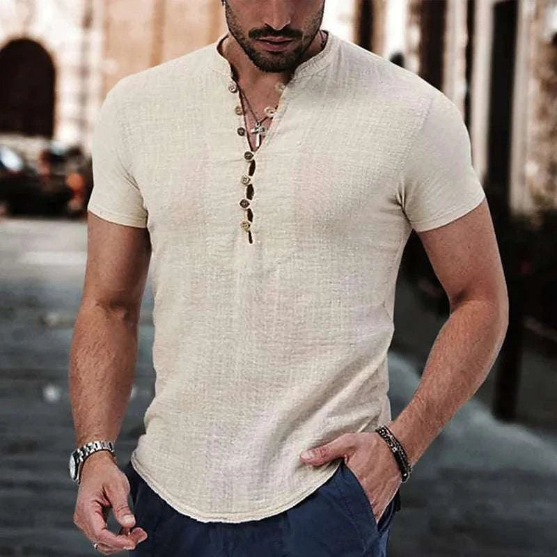 Men's Linen Casual Shirt in 2025, Simple V-neck, Summer Casual Daily Top  mens designer clothes camisas de hombre casual