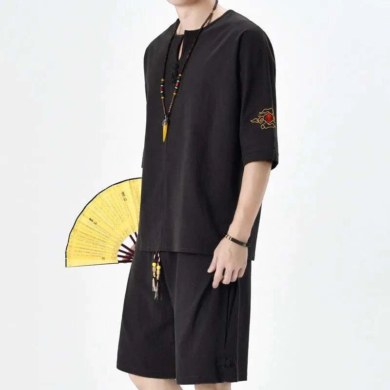 Mens Chinese Traditional Outfit - Round Collar Shirt & Shorts Set with Retro Embroidery, Breathable Linen Cotton Summer Casual