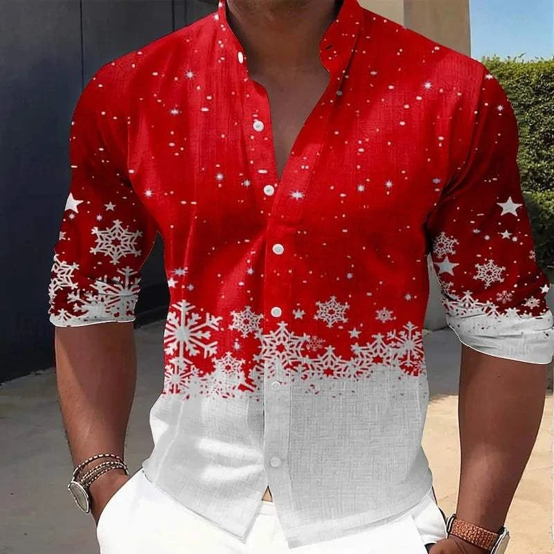 Men's Christmas outfit long-sleeve shirt with Santa Claus print and snowflakes, casual festive wear