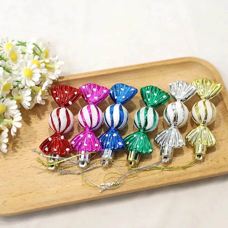 Christmas tree decorations, snowmen, faceless Santa Claus, candy sticks, colorful balls, small houses, Christmas atmosphere deco