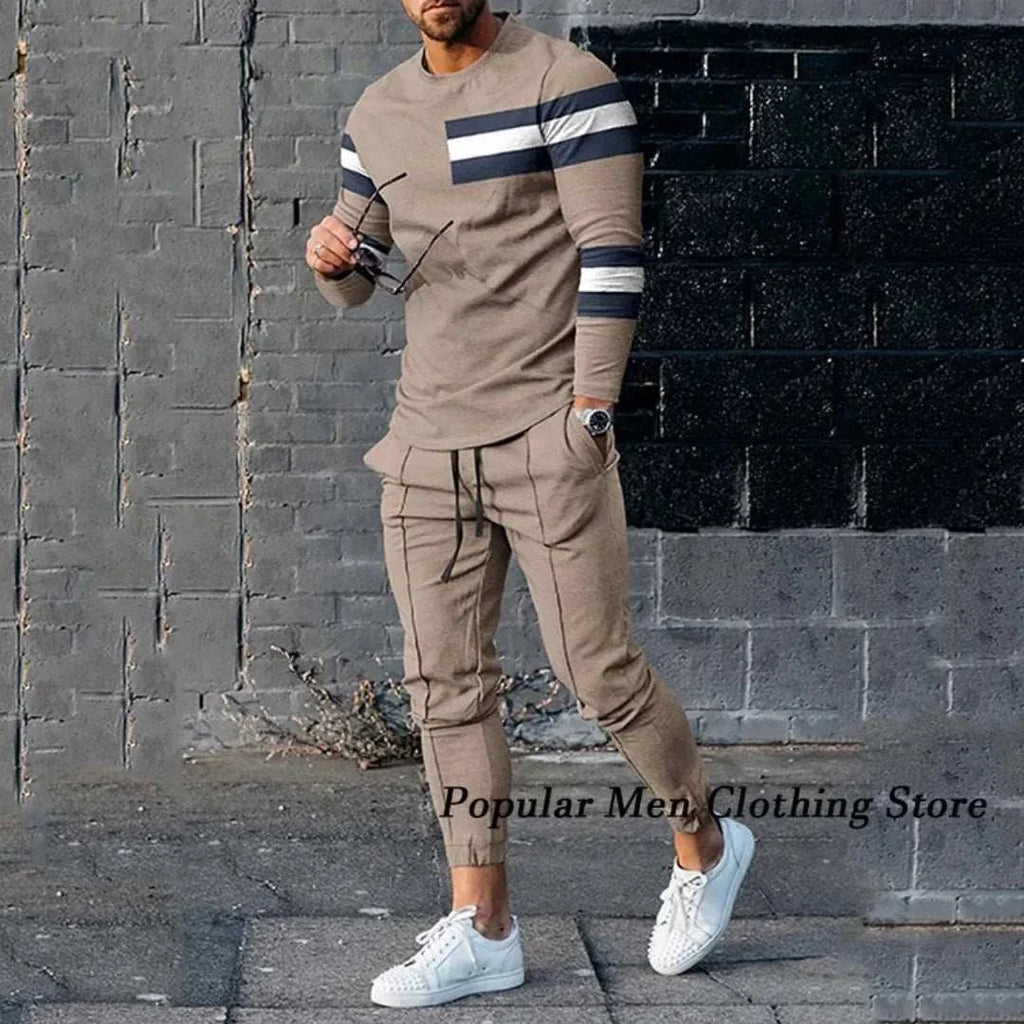 Men clothes set casual oversized long sleeve t-shirt and drawstring trousers tracksuit in beige with white and navy stripes