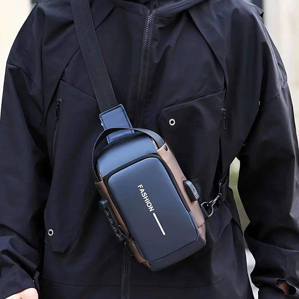 Stylish men's sling bag in durable oxford fabric with zip closure and phone pocket, worn crossbody for daily commute