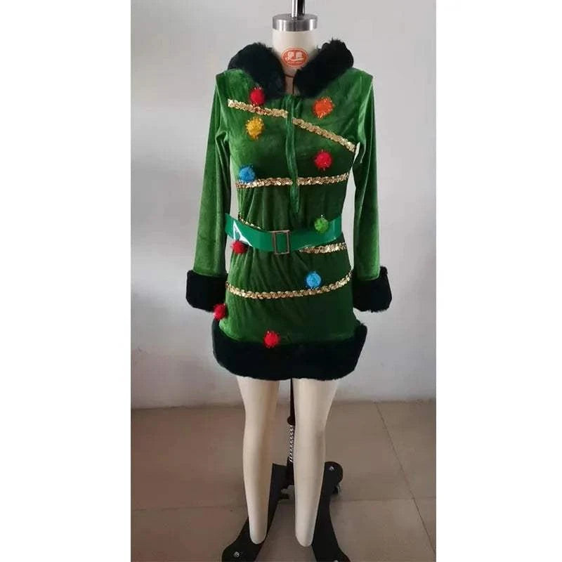 Christmas Tree Character Costume Green Dress Complete Set Of Women's Stage Performance Attire Christmas Party Outfit Warm Dress
