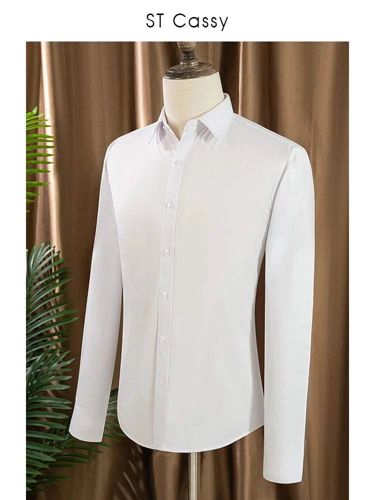 White slim fit men's long sleeve dress shirt for formal weddings and business attire