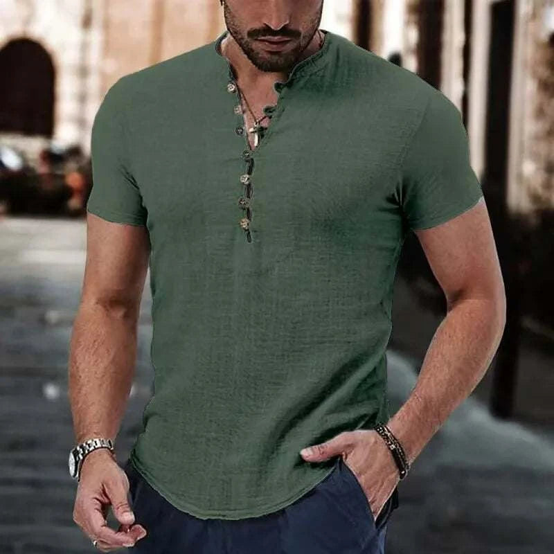 Men's Linen Casual Shirt in 2025, Simple V-neck, Summer Casual Daily Top  mens designer clothes camisas de hombre casual