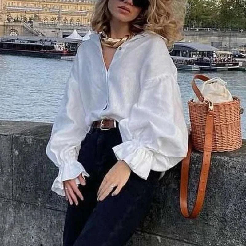 Women's Clothing 2025 Summer New Style Loose Oversized Lapel Lantern Sleeve Long Sleeved Shirt Women's Top