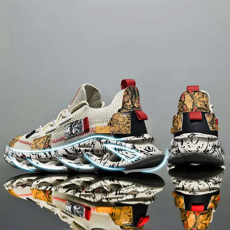 Men sneakers casual shoes with lace-up closure, breathable Flyknit upper, mixed colors, and lightweight rubber sole.