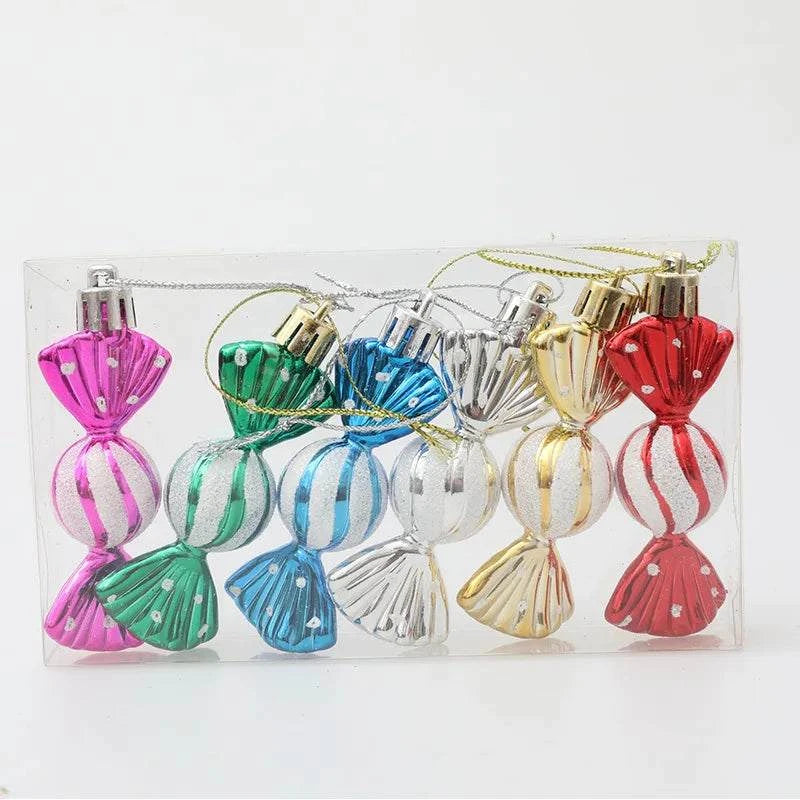 Christmas tree decorations, snowmen, faceless Santa Claus, candy sticks, colorful balls, small houses, Christmas atmosphere deco