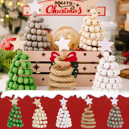 Handmade wooden bead Christmas tree decorations in various colors with star toppers for festive home decor