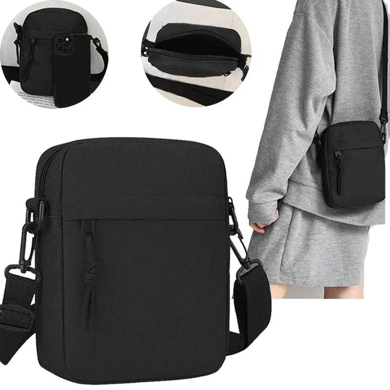Unisex black single-shoulder crossbody bag lightweight nylon small mobile phone pouch