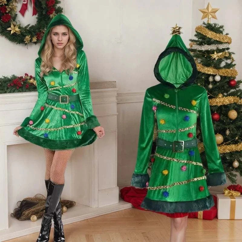 Christmas Tree Character Costume Green Dress Complete Set Of Women's Stage Performance Attire Christmas Party Outfit Warm Dress