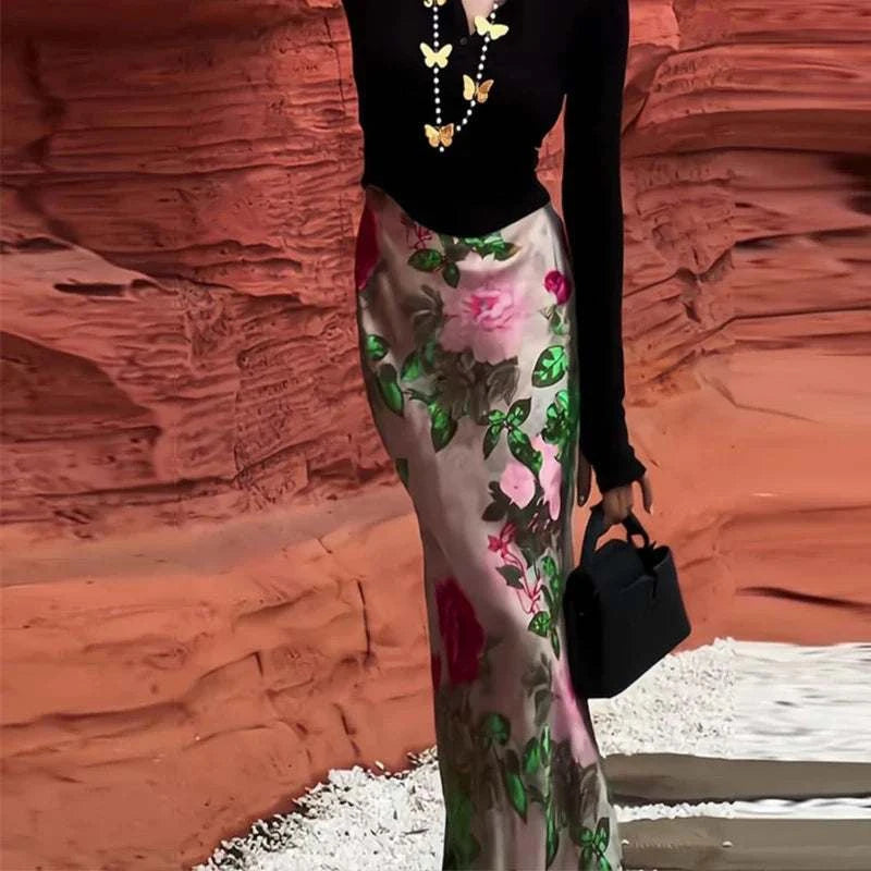 Stylish vintage floral print satin maxi skirt for women with high waist and slim fit design