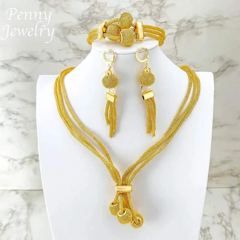 Gold plated daily wear jewelry set with necklace, earrings, and bracelet for women