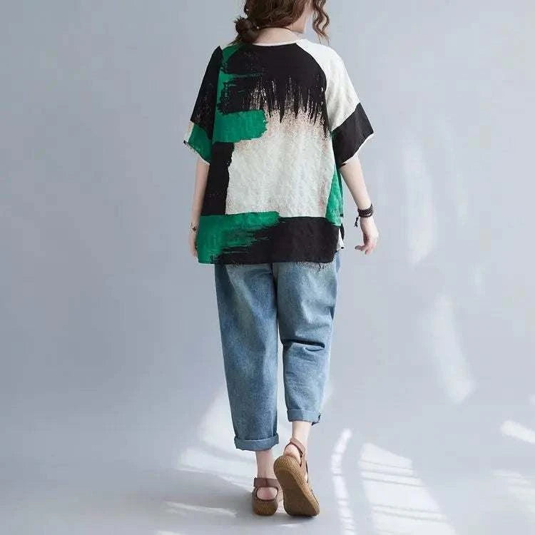 Women Clothing 2025 New Summer Clothing New Style Retro Loose Cotton Linen Short-sleeved T-shirt Top
