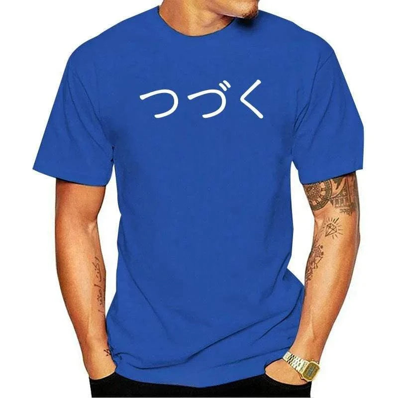 Blue casual men's summer t-shirt with Japanese anime cartoon print and O-neck design