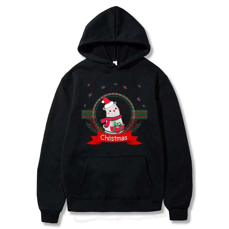 Black Christmas hoodie with festive polar bear and holiday design for men and women