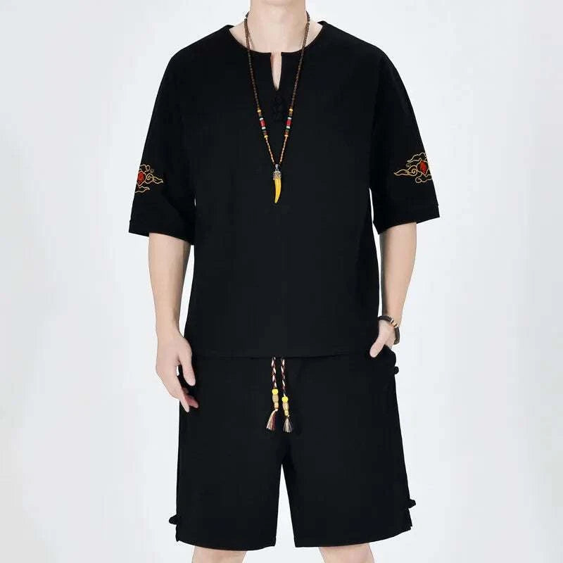Mens Chinese Traditional Outfit - Round Collar Shirt & Shorts Set with Retro Embroidery, Breathable Linen Cotton Summer Casual