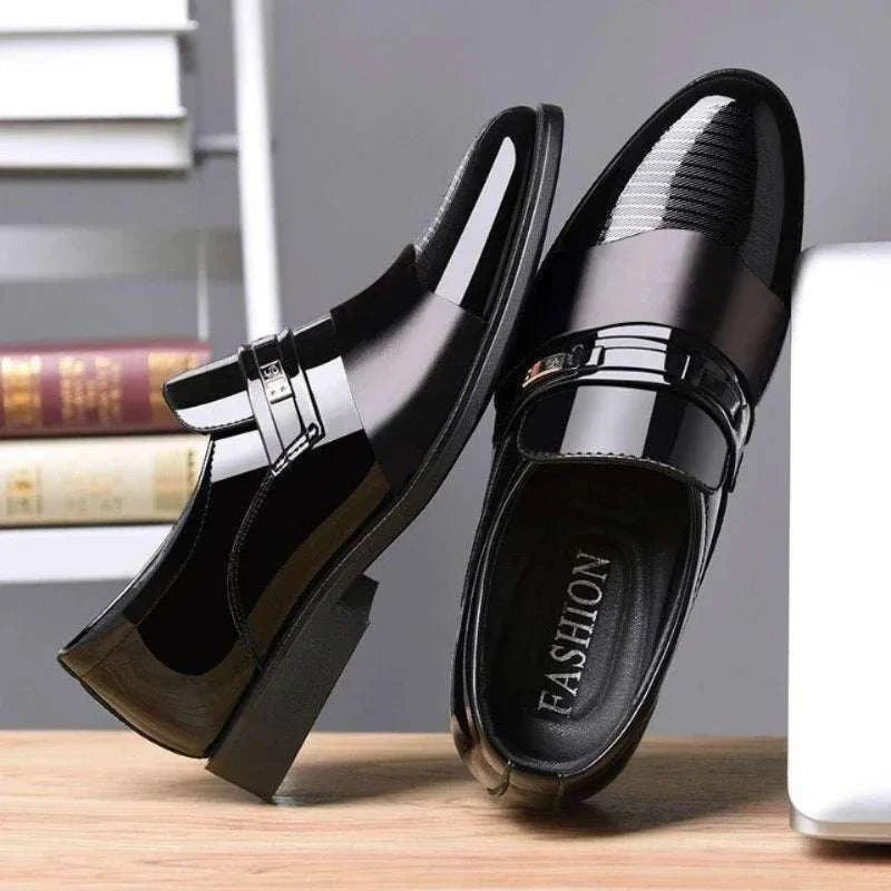 black men's formal leather slip-on shoes with polished finish and rubber sole