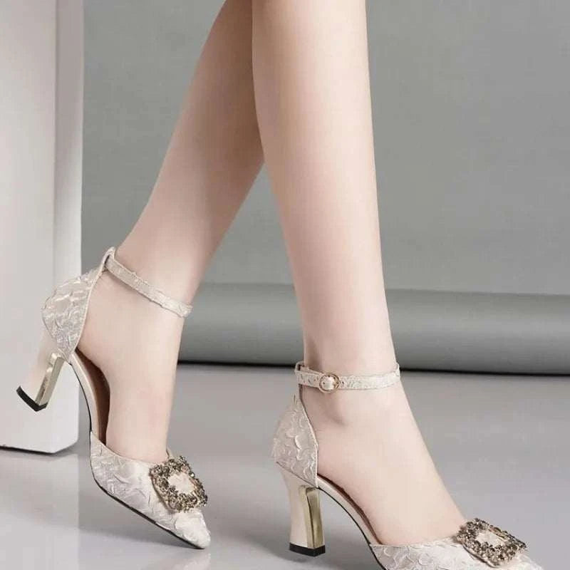 High Heel Shoes for Women 2024 Spring New Bling Buckle Pointed Toe Thin Heels Women Shoes Sexy Dress Wedding Pumps Heeled Shoes