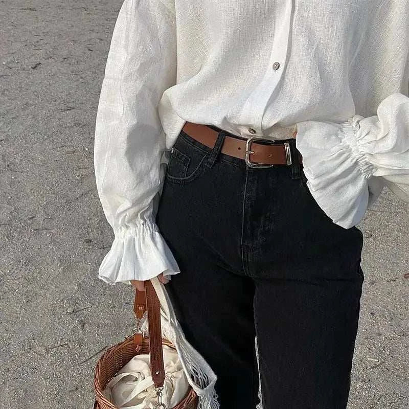 Women's Clothing 2025 Summer New Style Loose Oversized Lapel Lantern Sleeve Long Sleeved Shirt Women's Top