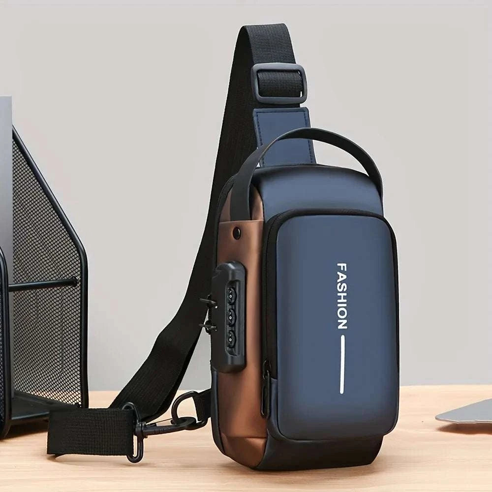 Men's stylish sling bag in durable Oxford fabric with zip closure and phone pocket, perfect for daily commute.