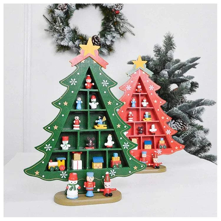 Wooden Christmas tree decorations with mini holiday figurines in green and red, festive table ornaments.
