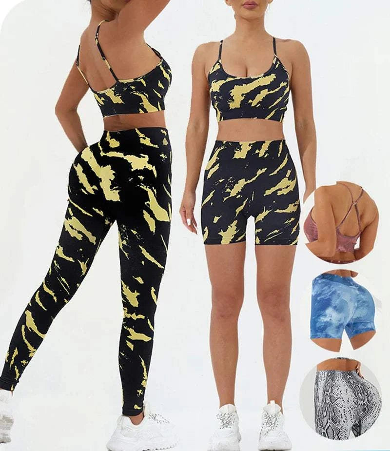 Women's fitness clothing seamless breathable two-piece gym outfit with printed sports bra and leggings or shorts options