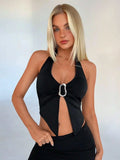 Versatile women's black halter neck vest with front iron buckle, spring summer clothing