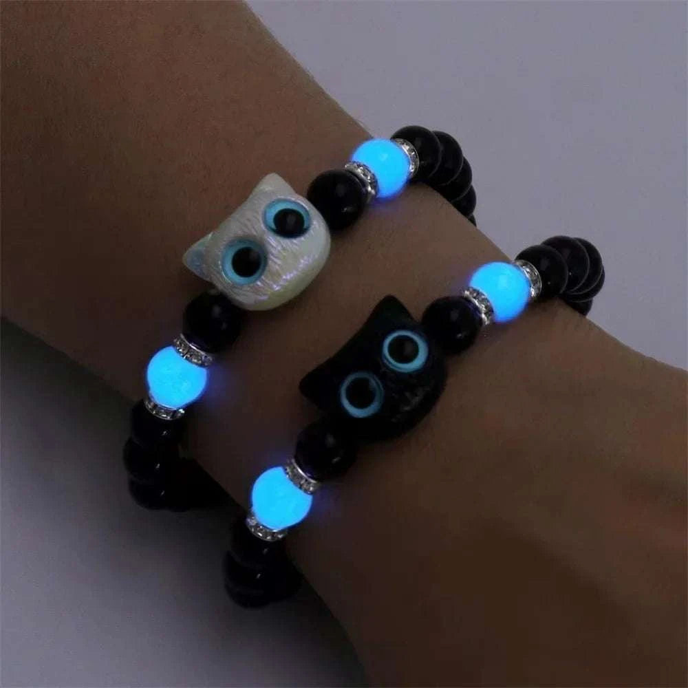 Glow in the dark couple bracelets with cat charm and luminous beads for women and men