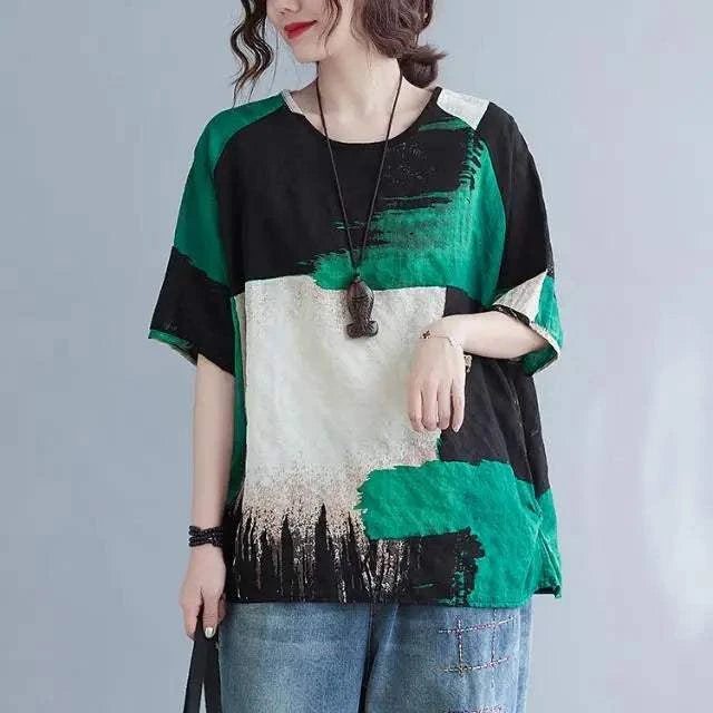 Loose fit women's cotton linen short-sleeve tie dye summer T-shirt top in green and black colors