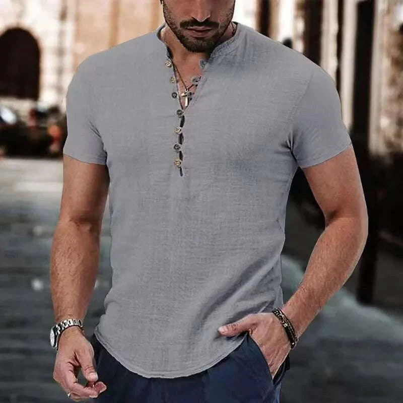 Men's Linen Casual Shirt in 2025, Simple V-neck, Summer Casual Daily Top  mens designer clothes camisas de hombre casual